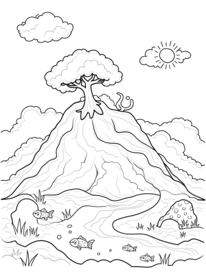 Cloudy Hill with Twisted Tree and Geometric Fish
