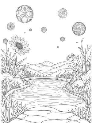 Cosmic Garden with Floating Orbs and Giant Flower