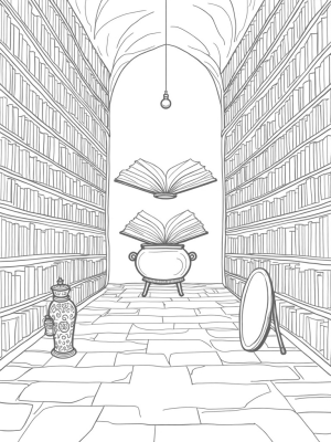 Mystical Library with Floating Book and Potion Cauldron