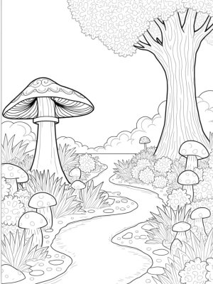 Magical Forest with Giant Mushrooms and a Winding River