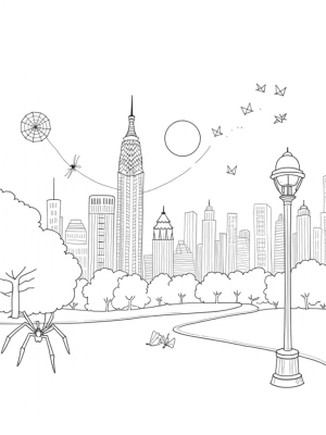 Twilight Skyline with Spider's Web and Comic Panels