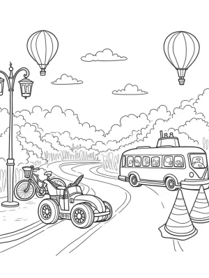 Vibrant Cityscape with Hot Air Balloons and a Submarine Bus