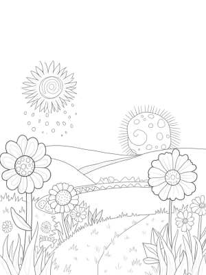 Colorful Meadow with Giant Flowers and a Rainbow Bridge