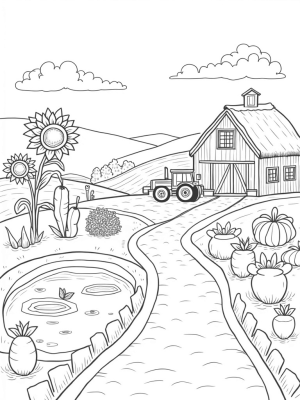 Patchwork Farm with Oversized Vegetables and Charming Barn