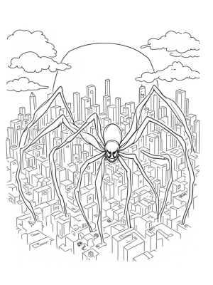 Twilight Cityscape with a Giant Spider