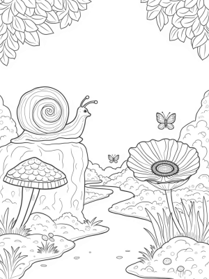 Giant Snail and Colorful Butterflies in a Jungle Scene