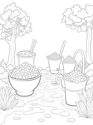 Boba Tea Garden with Oversized Cups and Fruit Trees