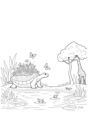 Giant Tortoise with a Flower Garden in a Jungle