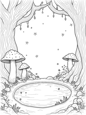 Enchanted Forest Clearing with Giant Mushrooms and a Sparkling Pond