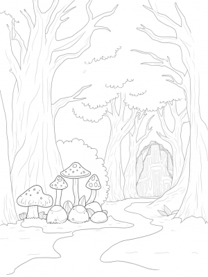 Enchanted Forest with Giant Mushrooms and Mysterious Cave