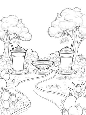 Boba Tea Garden with Playful Cups and Fruit Trees