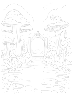 Enchanted Forest Clearing with Giant Mushrooms and Moonlit Pond