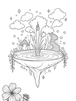 Floating Island with Crystalline Fountain and Magical Flowers