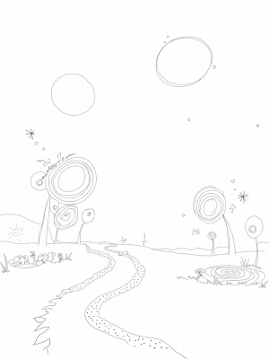 Cosmic Garden with Floating Circles and Kaleidoscope Flowers