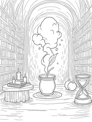 Mystical Library with Floating Tomes and a Bubbling Cauldron