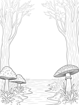 Serene Forest Glade with Spiraling Trees and Whimsical Clouds
