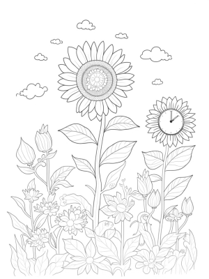 Garden of Oversized Flowers with a Spiral Sunflower