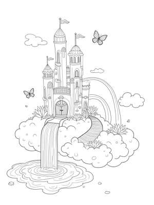 Floating Castle with Rainbow Bridge and Heart-Shaped Lily Pads