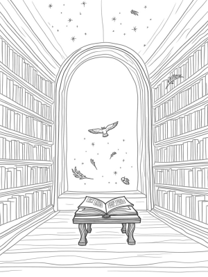 Enchanting Library with Floating Quills and Spellbooks