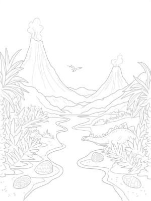 Prehistoric Landscape with Stegosaurus and Erupting Volcanoes