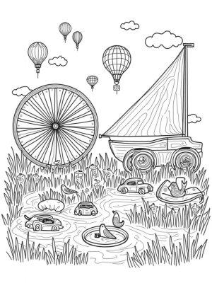 Mechanical Garden with Vintage Cars and Hot Air Balloons