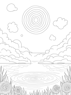 Serene Sky with Floating Circles and Blossoming Flowers