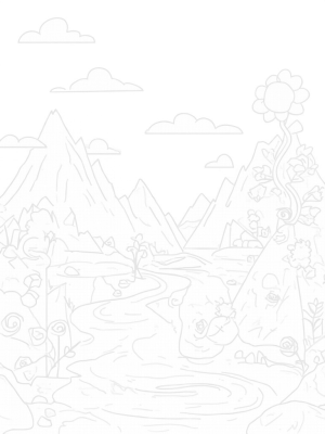 Serene Mountain Landscape with Winding River and Oversized Flowers
