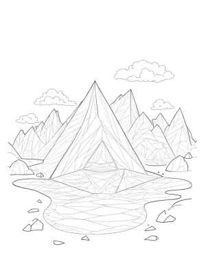 Vibrant Triangular Landscape with Pyramid and Waterfall