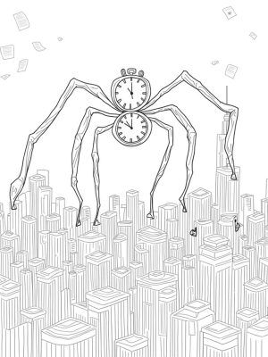 Cityscape with Spider Clock and Comic Pages