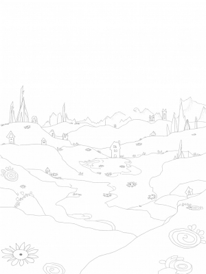 Rolling Hills with Spiraling Flowers and a Winding River
