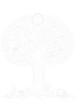 Four Seasons Tree with Spring Blooms, Summer Fruits, Autumn Leaves, and Winter Cabin