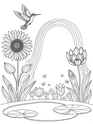 Oversized Flowers and a Hummingbird in a Magical Garden