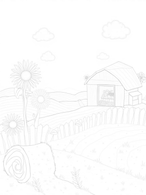Giant Sunflowers and a Rolling Hay Bale on the Farm
