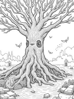 Colossal Tree with Titan Faces and Floating Feathers