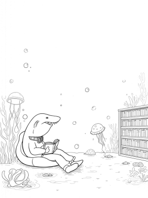 Underwater Library with a Shark and Jellyfish