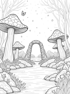 Luminescent Forest with Giant Mushrooms and Fairies