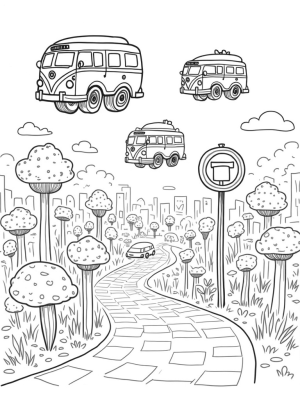 Floating Buses in a Colorful Cityscape