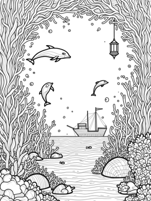 Underwater Garden with Playful Dolphins and a Sunken Ship