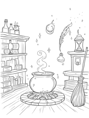 Wizard's Workshop with Floating Potions and Ancient Books