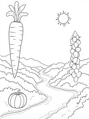 Giant Carrot and Floating Apples in a Whimsical Garden