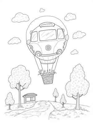 Hot Air Balloon Bus Over Colorful Landscape