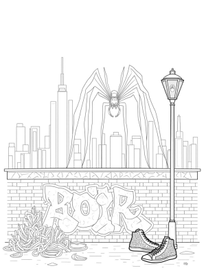 Urban Skyline with Giant Spider and Graffiti