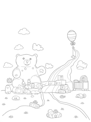Giant Teddy Bear and Colorful Building Blocks in a Nursery Landscape