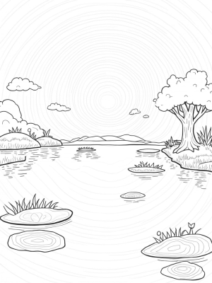 Serene Lake with Floating Lily Pads and Whimsical Clouds