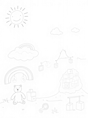 Giant Teddy Bear on a Cloud with Colorful Building Blocks