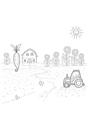 Giant Carrot and Strawberry Barn in a Playful Farm Scene