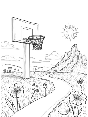 Giant Basketball Hoop in a Meadow of Sports Flowers
