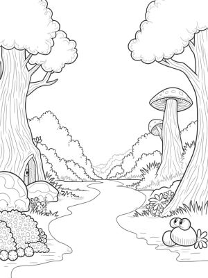 Whimsical Forest Clearing with Giant Mushrooms and Secret Doorways