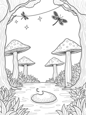 Mystical Forest Glade with Colorful Mushrooms and a Moonlit Pond