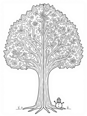 Four Seasons Tree with Spring Flowers, Summer Sun, Autumn Leaves, and Winter Snowman